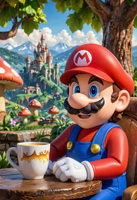 Mario drinking 1 cup of coffee, mushroom kingdom background, cartoon style