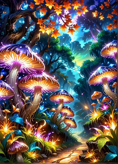 a forest with mushrooms and glowing lights in the middle