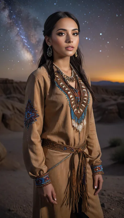 HDR photo of macabre style, breathtaking beautiful native american, close-up of face, solo, full body and wide shot, dressed in a full buckskin shirt with beading, in the badlands at night, milky way galaxy in the night sky,  <lora:SDS_Contrast tool_XL:-1....