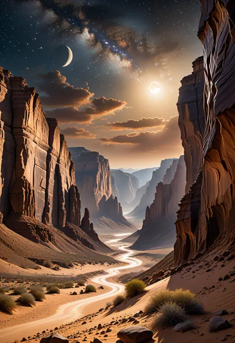 Alien-themed desert landscape, rugged canyon cliff walls, sand and rock formations in the canyon, find sand river, dust cloud in the distance, light particles, atmospheric perspective, bold earth tones, night sky, starry sky, quarter moon, . Extraterrestri...