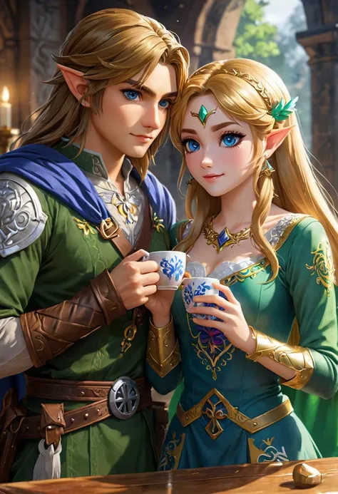 Link and zelda drinking a  1 cup of coffee, hyrule