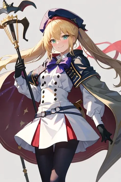 best quality, masterpiece, highres, solo, {altria_caster_fgo:1.15}, blonde_hair, long_hair, green_eyes, bangs, twintails, bow, hat, smile, hair_between_eyes, staff, cape, blush, blue_headwear, buttons, beret, closed_mouth, breasts