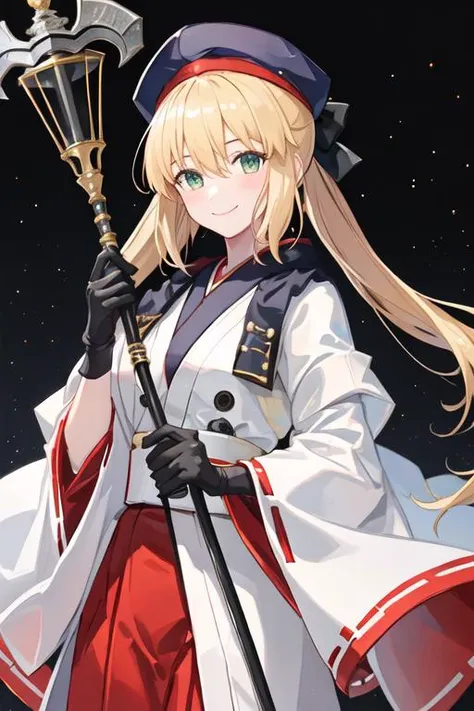 best quality, masterpiece, highres, solo, {white kimono:1.35}, {red hakama:1.35}, {wide sleeves:1.20}, {altria_caster_fgo:1.15}, blonde_hair, long_hair, green_eyes, bangs, twintails, bow, hat, smile, hair_between_eyes, staff, cape, blush, blue_headwear, bu...