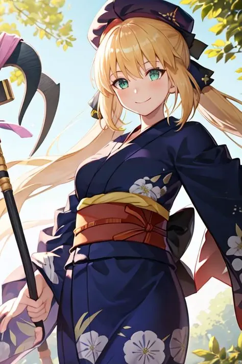 best quality, masterpiece, highres, solo, {yukata:1.40}, {kimono:1.20}, {altria_caster_fgo:1.15}, blonde_hair, long_hair, green_eyes, bangs, twintails, bow, hat, smile, hair_between_eyes, staff, cape, blush, blue_headwear, buttons, beret, closed_mouth, bre...