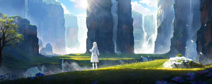 anime scene of a woman standing in a field with a waterfall in the background