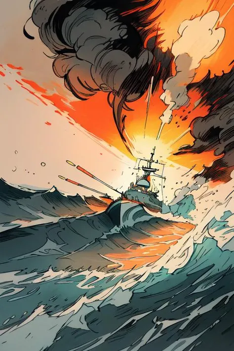 a cartoon of a ship in the ocean with smoke coming out of it