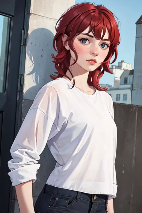 a close up of a person with red hair and a white shirt