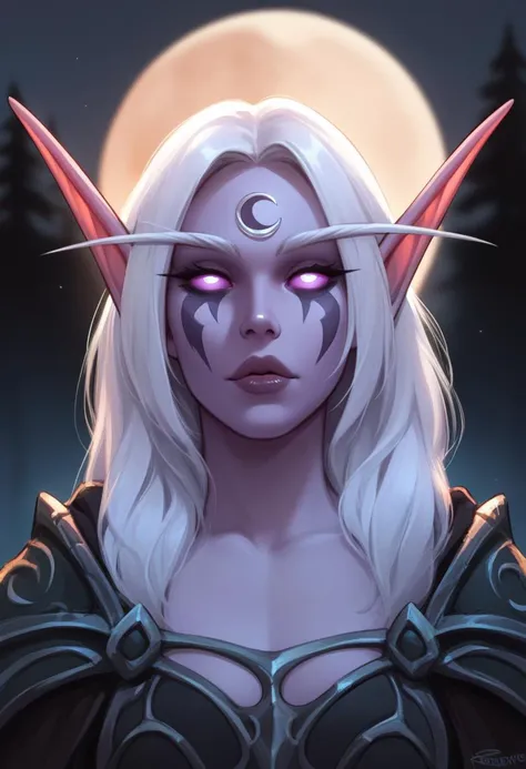 a woman with white hair and horns stands in front of a full moon