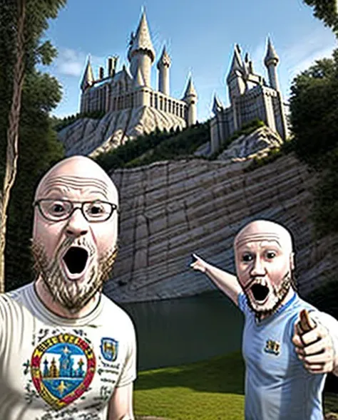 two men with fake faces are standing in front of a castle