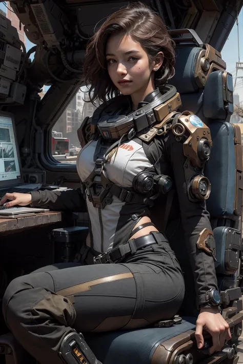 arafed woman in a futuristic suit sitting on a chair