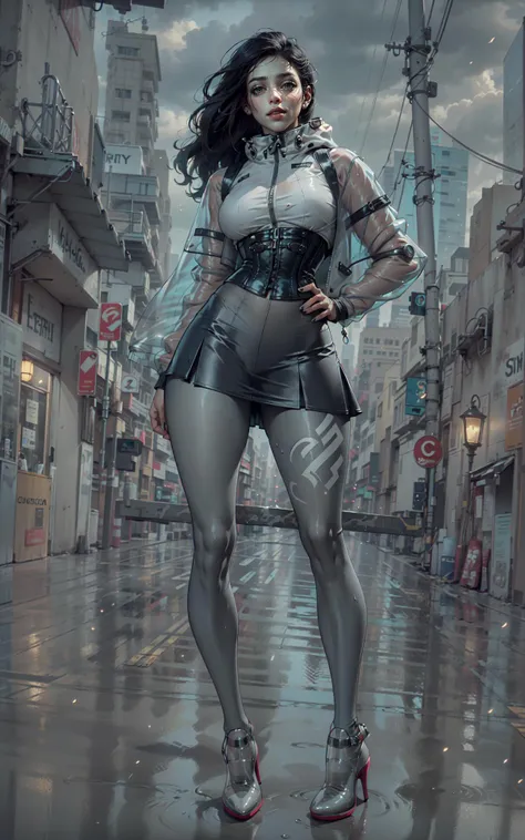 a woman in a silver outfit standing in a wet street