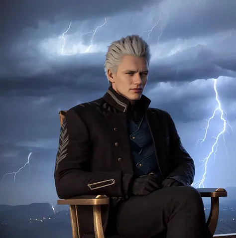 pov close,<lora:devilMayCry5Vergil_v10:0.75>,(vergil,:1.2), on top of the mountain , (plastic:1.2) chair, sitting, masterpiece, grainy, (storm:1.5), looking at viewer,