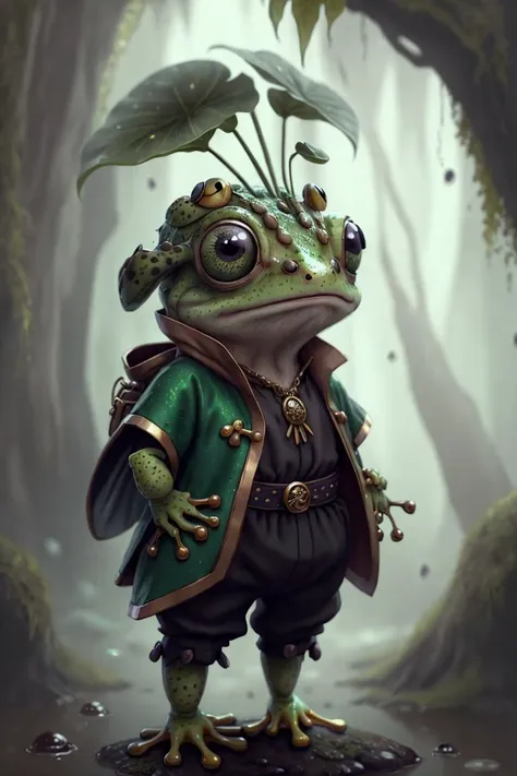 a frog dressed in a green outfit and a green umbrella