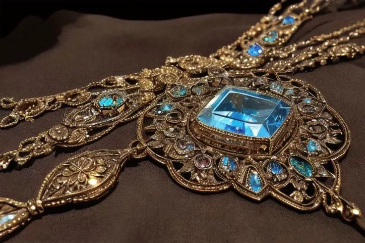 a close up of a necklace with a blue stone surrounded by gold chains