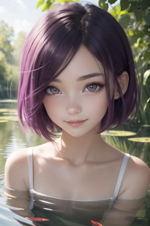 beautiful, (masterpiece:1.4), (best quality:1.2), perfect eyes, (1girl), yellow eyes, slit pupils, (detailed lips), pond, violet hair, short hair, smile,  white legwear, face focus, portrait