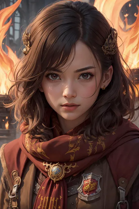 best quality, masterpiece, nsfw,
1 girl, adult  woman,  solo, pink eyes, chestnut messy hair,
portrait, looking at viewer, solo, (full body:0.6), detailed background, detailed face, (steampunk theme:1.1), Hogwarts student, concentrating, (gryffindor:1.1), ...