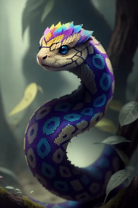 a close up of a snake with a colorful head on a tree branch