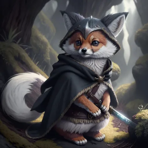 concept art, Cu73Cre4ture, <lora:CuteCreatures:1>, fox traveler, cloak, sword, travel pack, fantasy, high detail, best quality, rtx, 4k, 8,