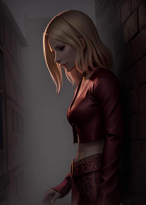 illustration, maria, (from profile), standing in foggy city, night, beautiful face, evil grin, detailed face, intricate, highest quality, masterpiece, 8k, hires,  <lora:Maria30_v01:0.8>