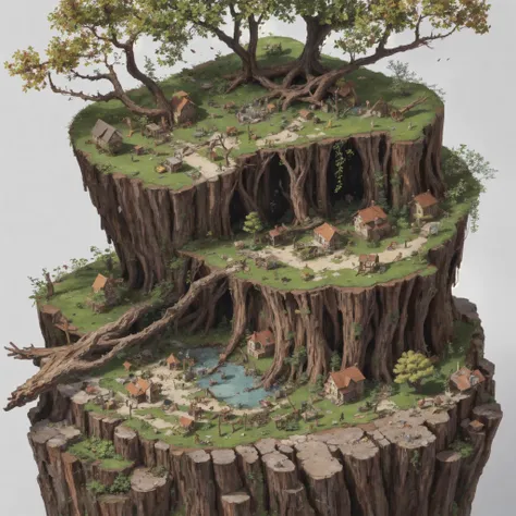 mini(ttp), miniature city inside a cut stump, cutsection, illustrate, small twigs and leaves, small twigs and leaves, MINI, MINIATURE, ISOMETRIC, LANDSCAPE, <lora:miniature_V1:1>, hyper realistic, intricate details, sunny day