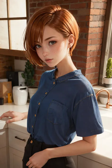 best quality, masterpiece, girl, short copper hair, [freckles:0.7]