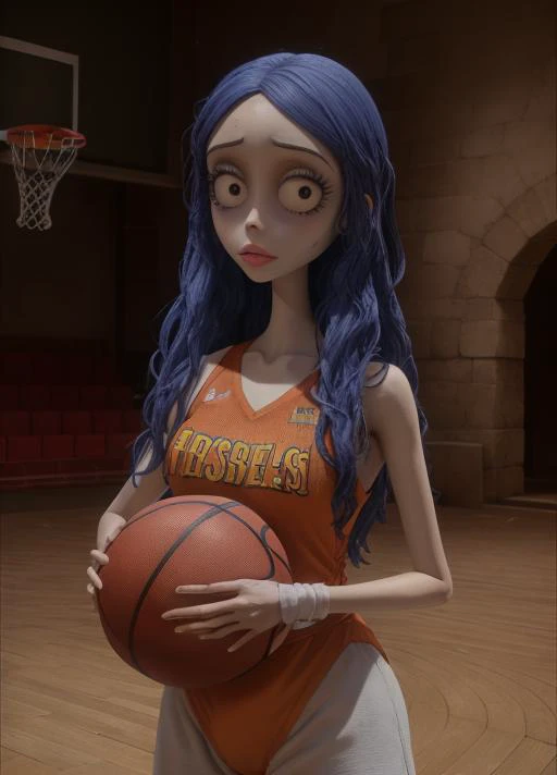 masterpiece, absurdres, best quality, 8k, 
1girl, (big eyes:1.2), full lips,
(wearing basketball uniform:1.1), basketball court background, 
<lora:EmilyTheCorpseBride 40:0.5>,