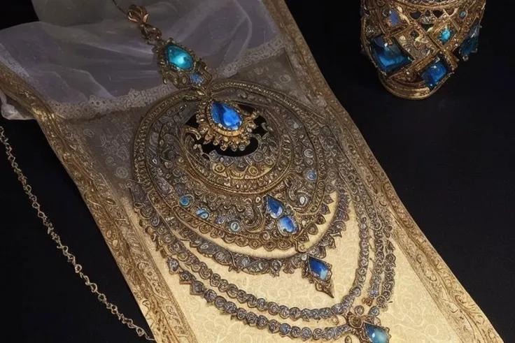 a close up of a gold necklace and earrings on a table