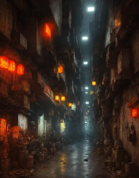 kowloon walled city, overcrowded city levels, balconies, air conditioners, gloomy mood, lots of colors, hyper realistic, mysteri...