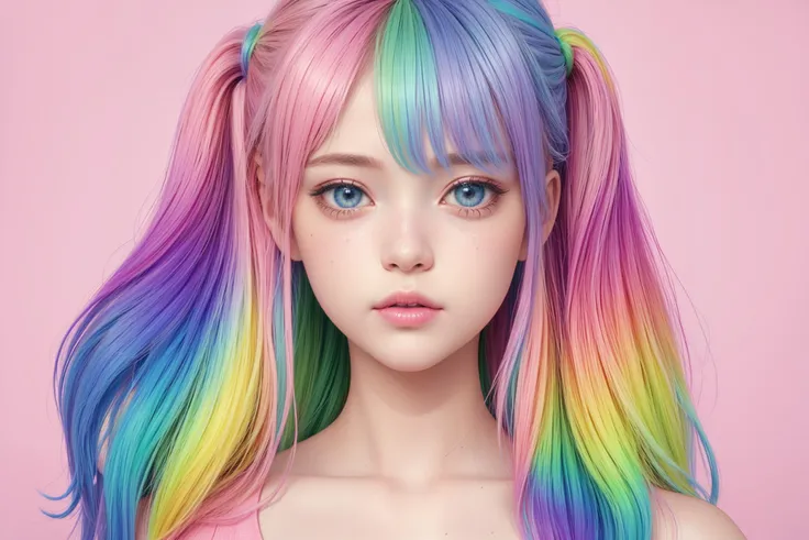 a woman with long colorful hair and a pink top