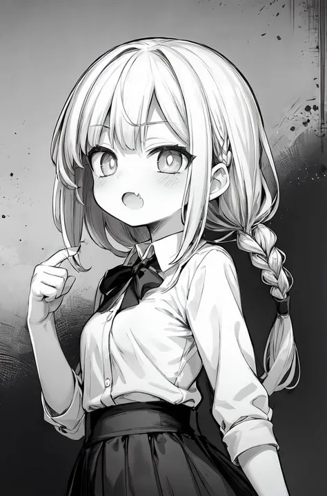masterpiece,best quality,upper body,1girl,small breasts,collared_shirt and flared_skirt as material3,greyscale,expression chart,mosaic art,side braid,symbol-shaped pupils,fang,﻿from outside
Negative prompt: (worst quality, low quality:1.4), username, text,...