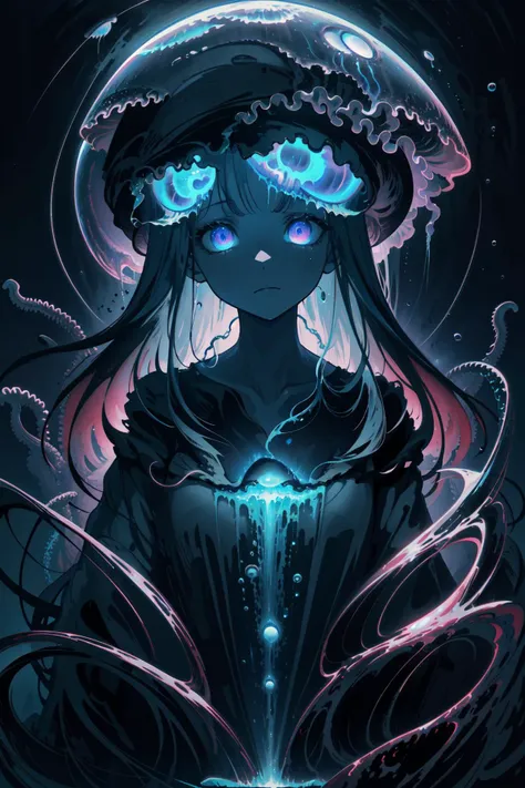 a girl with blue eyes and a black dress is surrounded by tentacles