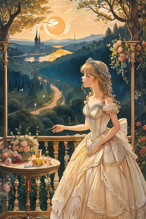 painting of a woman in a dress standing on a balcony