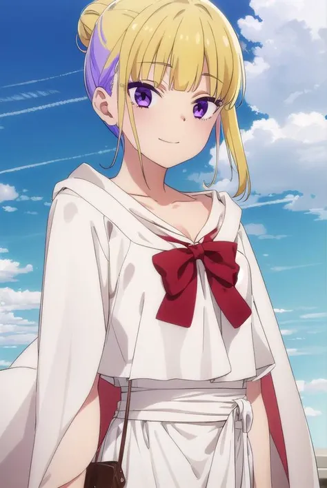 reimiitsushiro, <lora:reimi itsushiro s1-lora-nochekaiser:1>,
reimi itsushiro, bangs, blonde hair, (purple eyes:1.1), purple hair, multicolored hair, blunt bangs, hair bun, streaked hair, single hair bun, sidelocks, smile,
BREAK bow, bowtie, red bow, red f...