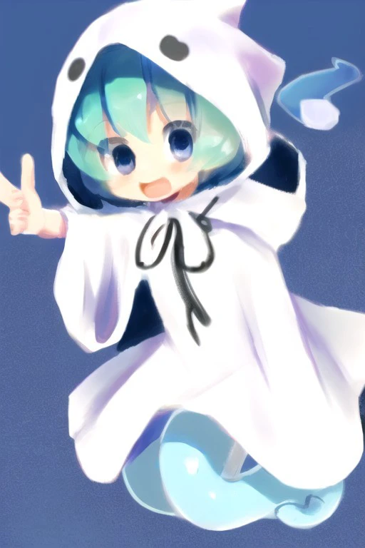 Yuuchan, 1girl, ghost costume, ghost hoodie, ghost tail, aqua hair, blue eyes, <lora:yuuchan-puyopuyo-v1.0-sd1.5:0.9>