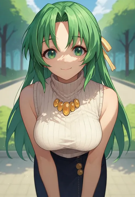 a woman with green hair and a white top is standing in front of a road