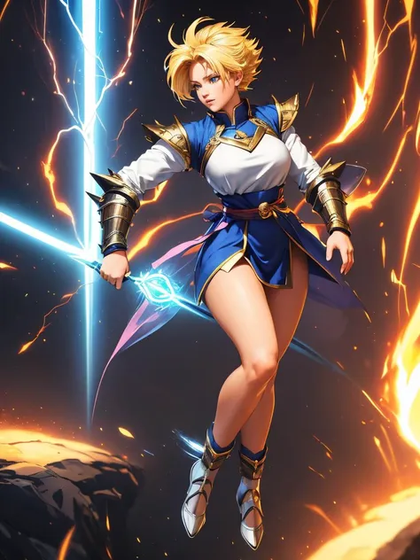 a woman in a blue and white outfit holding a sword