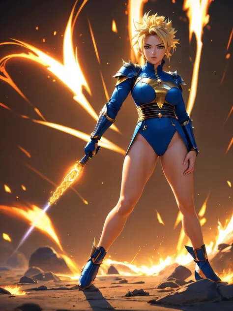 a woman in a blue suit with a sword and fire