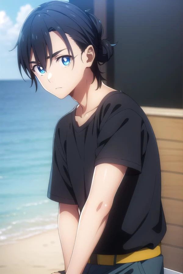 shinpeiajiro, <lora:shinpei ajiro s1-lora-nochekaiser:1>,
shinpei ajiro, black hair, hair between eyes, male focus, blue eyes,
BREAK short sleeves, pants, black shirt, t-shirt,
BREAK outdoors,
BREAK looking at viewer,
BREAK <lyco:GoodHands-beta2:1>, (maste...