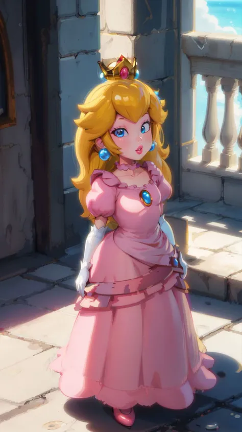 a cartoon princess in a pink dress standing on a stone walkway