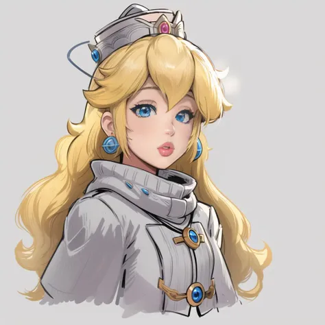 <lora:Princesspeachtest:1>, 1girl, solo, long hair, blue eyes, simple background, hat, jewelry, blonde hair, upper body, earrings, grey background, scarf, lips, coat, buttons, princess peach