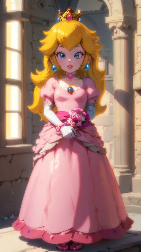 a cartoon princess in a pink dress standing on a step