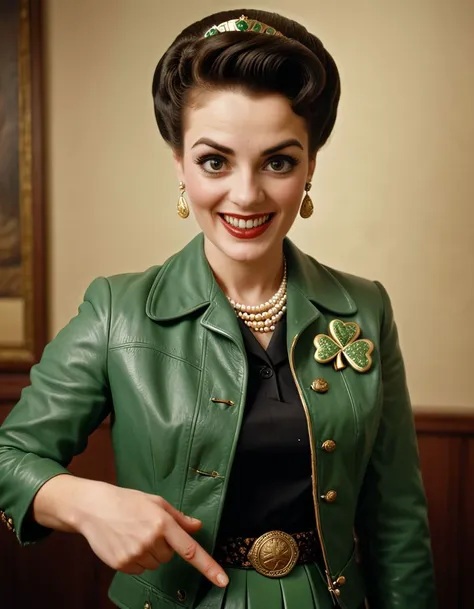 a close up of a woman in a green jacket and a black dress