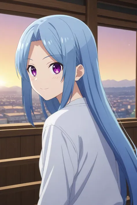 a woman with blue hair and purple eyes looks out a window