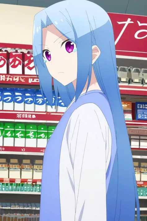 anime girl with blue hair and purple eyes in a store