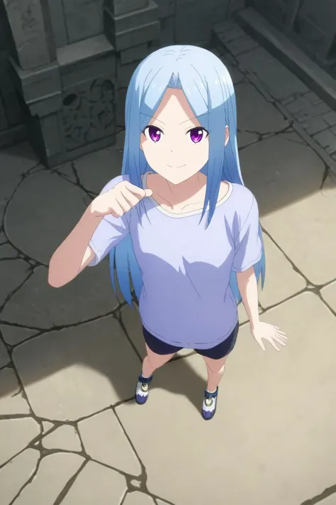 anime girl with blue hair and blue eyes standing on a stone floor