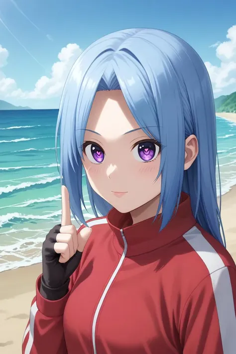 a woman with blue hair and purple eyes standing on a beach