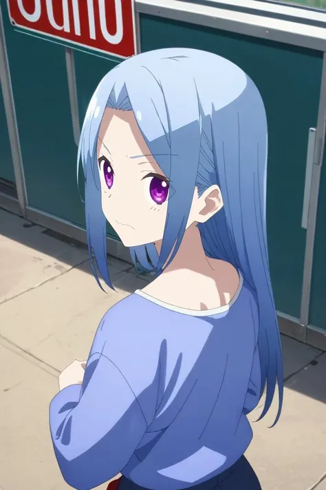 anime girl with blue hair and purple eyes standing in front of a sign