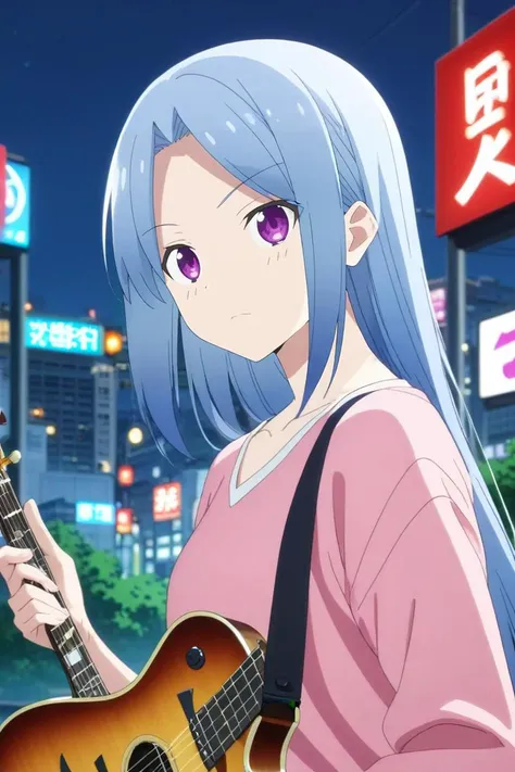 a woman with long blue hair holding a guitar in a city