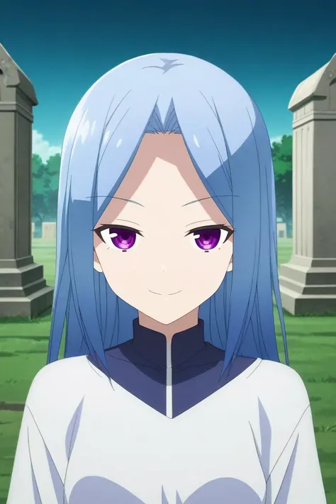 a woman with blue hair and purple eyes standing in front of a cemetery