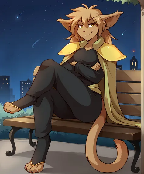 anime character sitting on a bench in the city at night